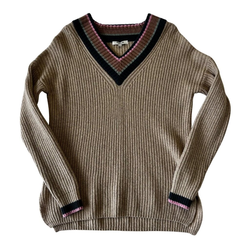 Madewell Womens Tipped Forrest V-Neck Sweater Wool Blend Size XS Tan Preppy